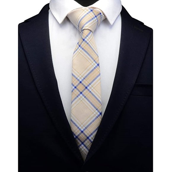 Other - Necktie Tartan Woven TR Material Tie Mens Skinny Gift Event Beige-Blue Stripes